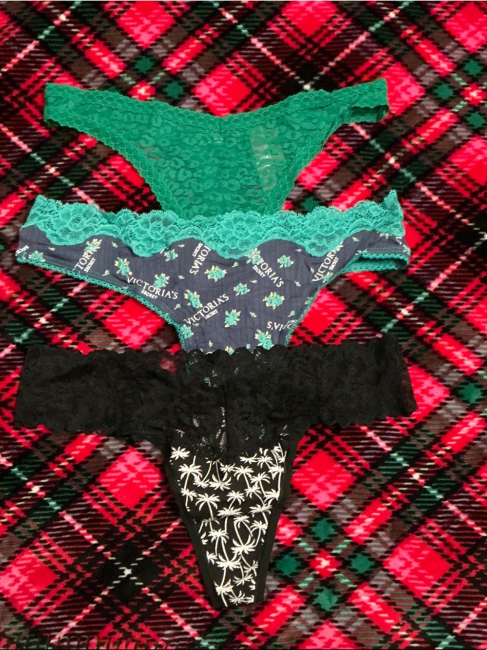 Victoria's Secret Green, Teal & Black Lace Thong Set